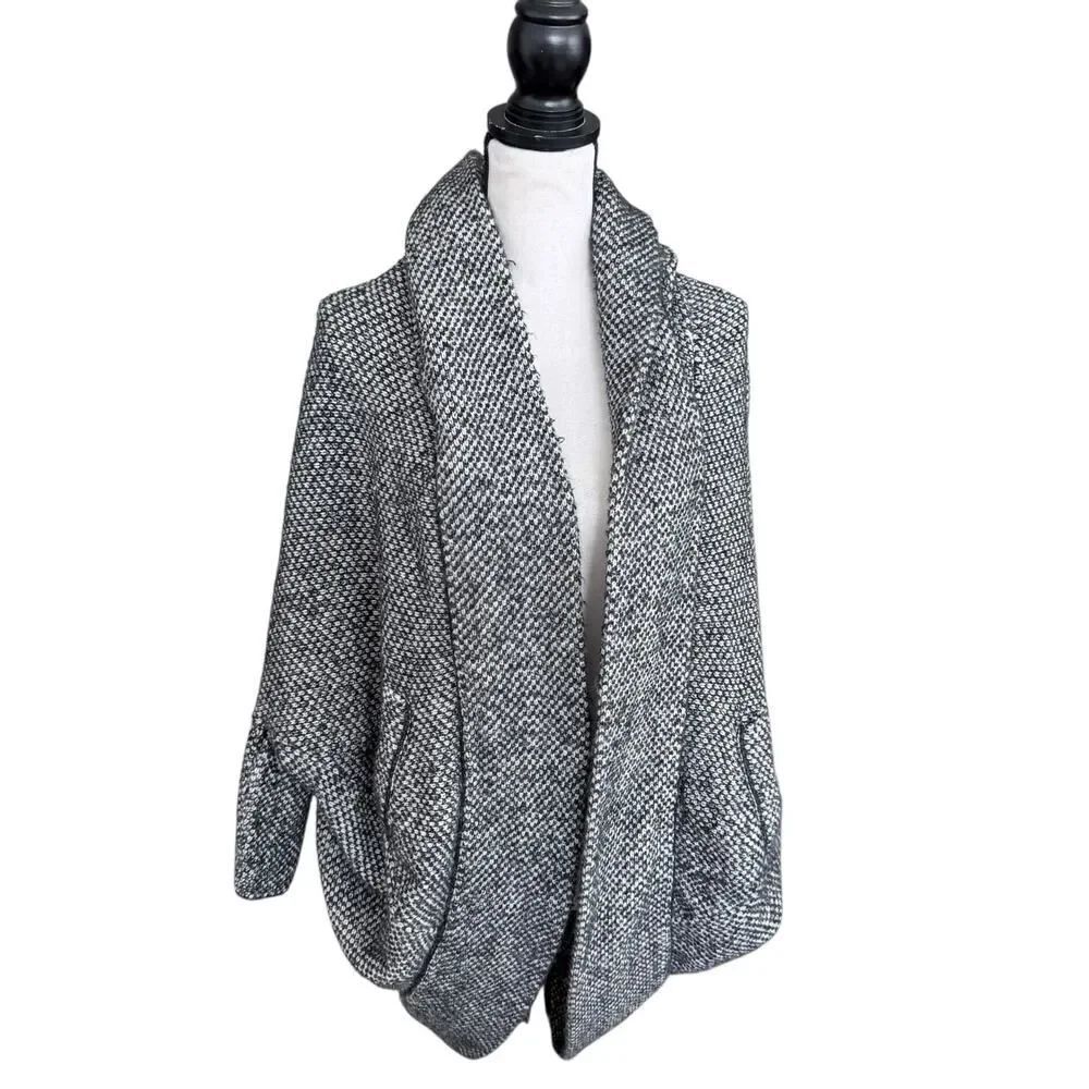 Zara Knit Sweater Coat Hooded Dolman Sleeve Black Tweed Open Womens M
